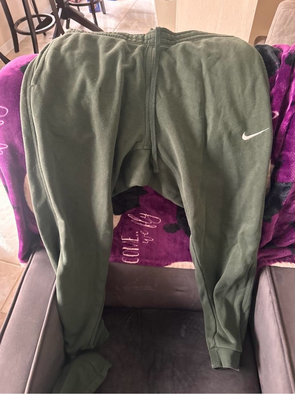 Nike Olive Green Men's Fleece Joggers with White Swoosh